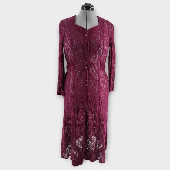 Betsy's Things Dress Women's 12p Midi Burgundy Lace Sheer Fairy Goth Whimsy VTG - Picture 4 of 8